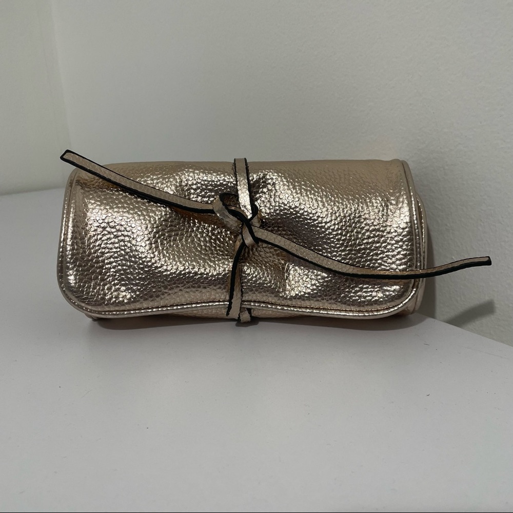 Jewelry Organizer Roll Up Case Gold Metallic Vegan Leather Travel